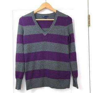 Gap Luxe Angora Blend Purple Gray Striped Academia V-Neck Pullover Sweater